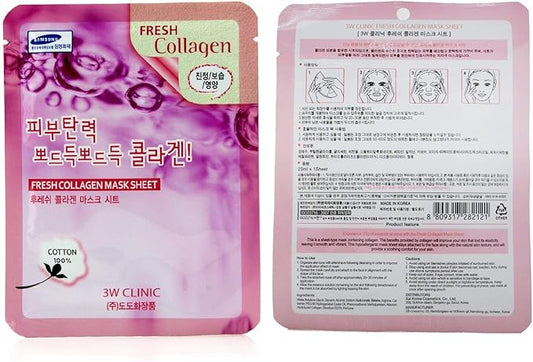 3W Clinic Fresh Collagen Mask Sheet full packaging — front and back combined to display benefits, usage, and ingredient transparency from K-Beau.