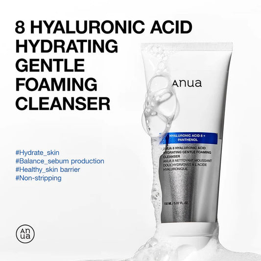 Anua 8 Hyaluronic Acid Hydrating Gentle Foaming Cleanser – hydrates skin, balances sebum, supports healthy skin barrier, non‑stripping