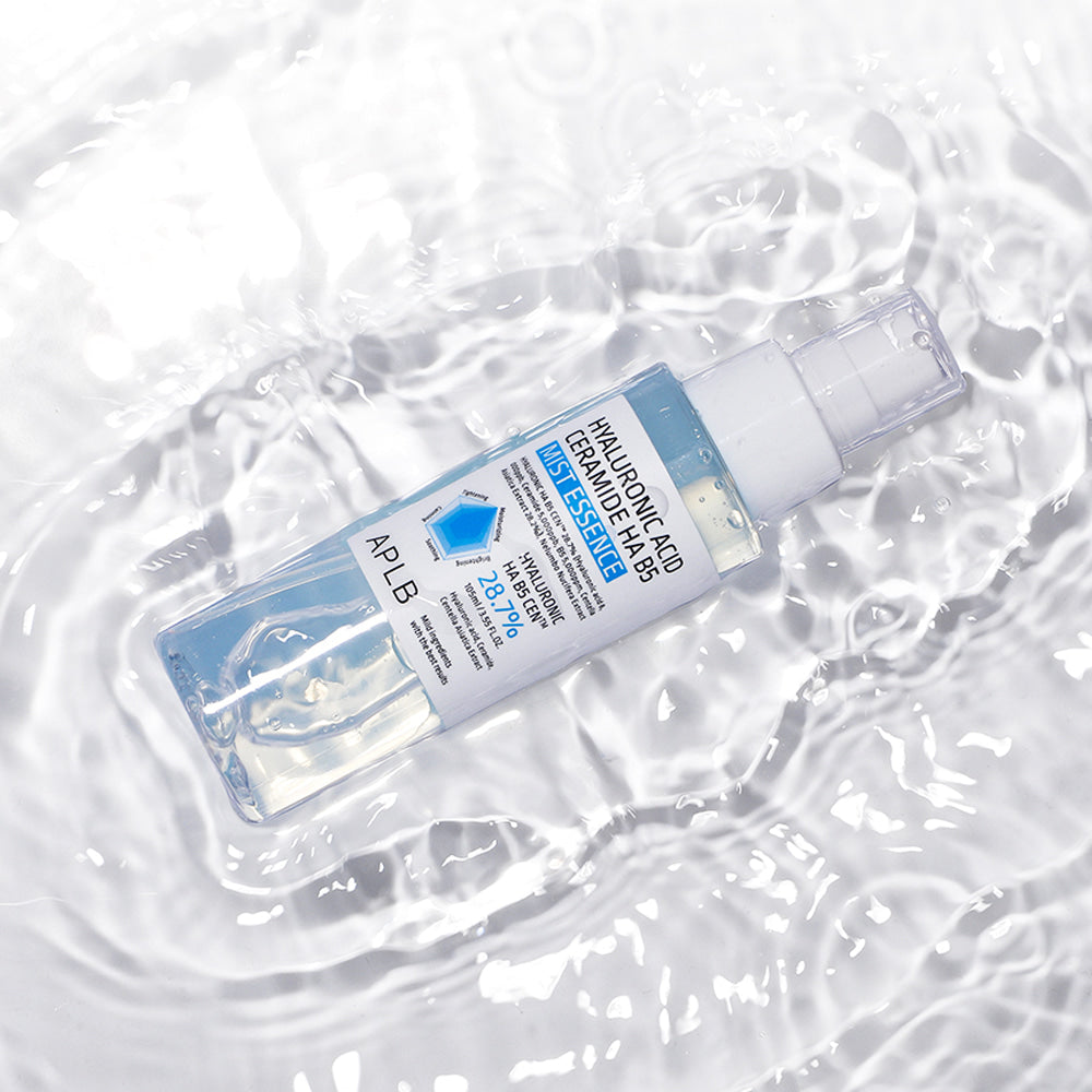APLB Hyaluronic Acid Ceramide HA B5 Mist Essence bottle surrounded by clear water ripples