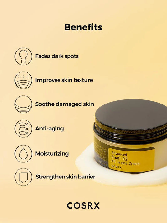 Benefits of COSRX Advanced Snail 92 Cream – fades dark spots, improves texture, soothes damage, anti-aging, moisturizing, strengthens barrier