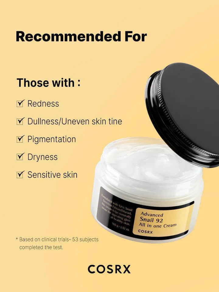 COSRX Advanced Snail 92 All in One Cream – recommended for redness, uneven tone, pigmentation, dryness and sensitive skin