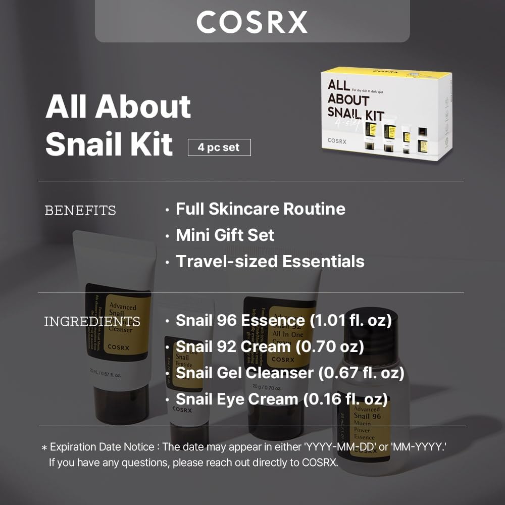 COSRX snail kit benefits – travel-size skincare routine with hydrating essence, soothing eye cream, and repairing cream