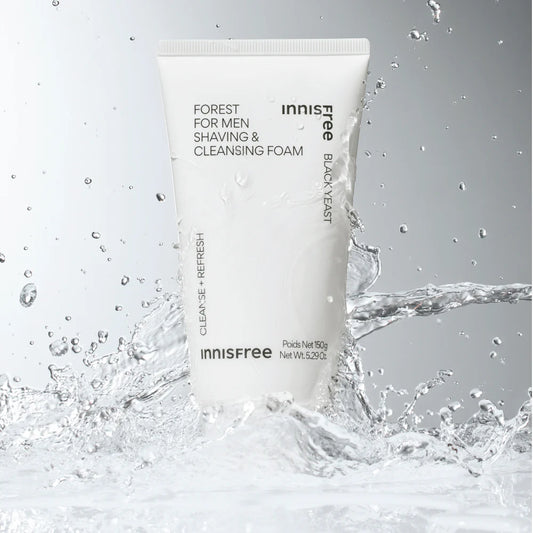 Forest For Men Shaving & Cleansing Foam – Innisfree 150g cleanser with black yeast; hydrating lather, refreshing cleansing action, K-Beau's splash effect.