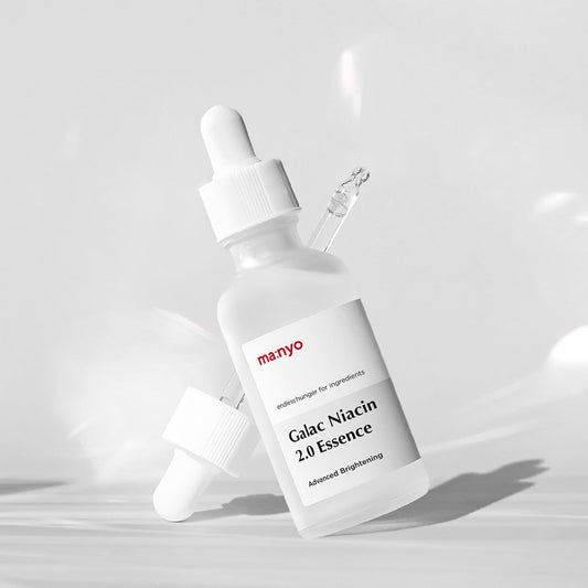 Clean studio shot — K-Beauty Galac Niacin 2.0 brightening essence with dropper on minimalist white backdrop.