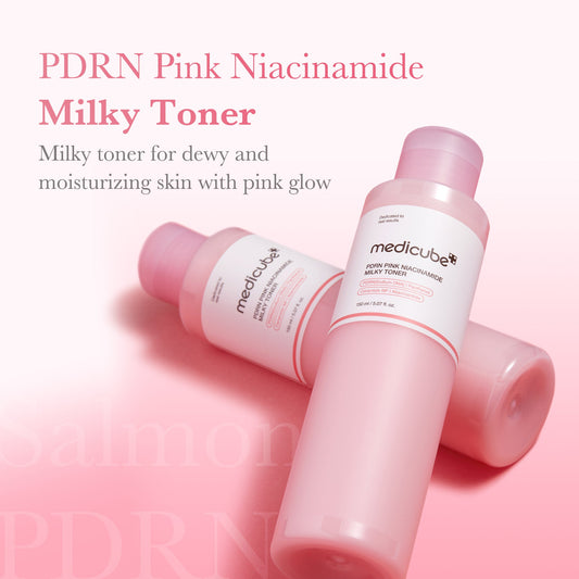 Medicube PDRN Pink Niacinamide Milky Toner, milky Korean toner for dewy moisturised skin and a soft pink glow from K-BEAU.