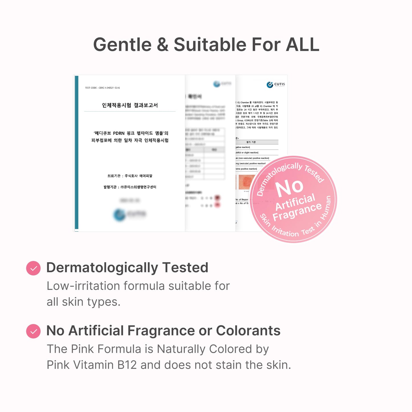Medicube PDRN Pink Peptide Serum dermatologically tested formula with no artificial fragrance or colourants, suitable for all skin types in Korean skincare routines.