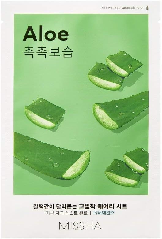 MISSHA Aloe Airy Fit Sheet Mask with real aloe vera slices – lightweight Korean skincare mask for calming and hydrating skin.