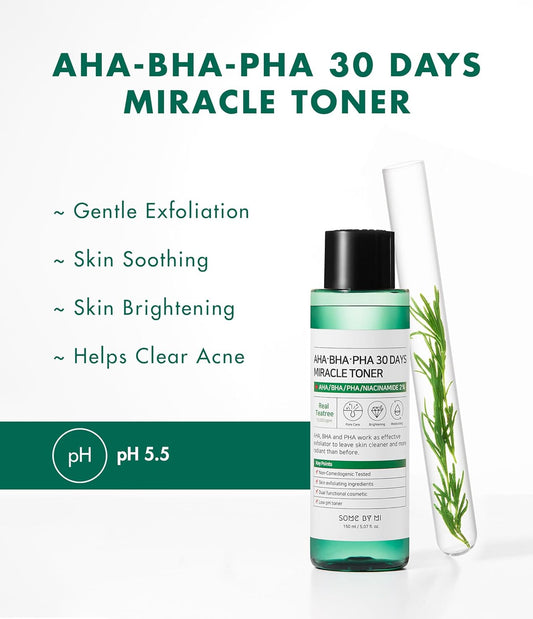 AHA-BHA-PHA 30 Days Miracle Toner 30ml – gentle exfoliation, soothing, brightening, acne care.