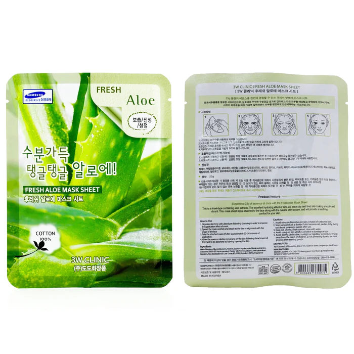 3W Clinic Fresh Aloe Mask Sheet packaging set – full view of front and back for product details and usage guide from K-Beau.