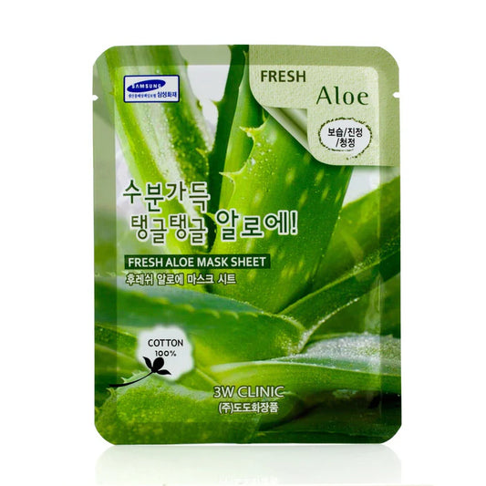 3W Clinic Fresh Aloe Mask Sheet front packaging – aloe vera extract for soothing, calming and hydrating care at K-Beau.
