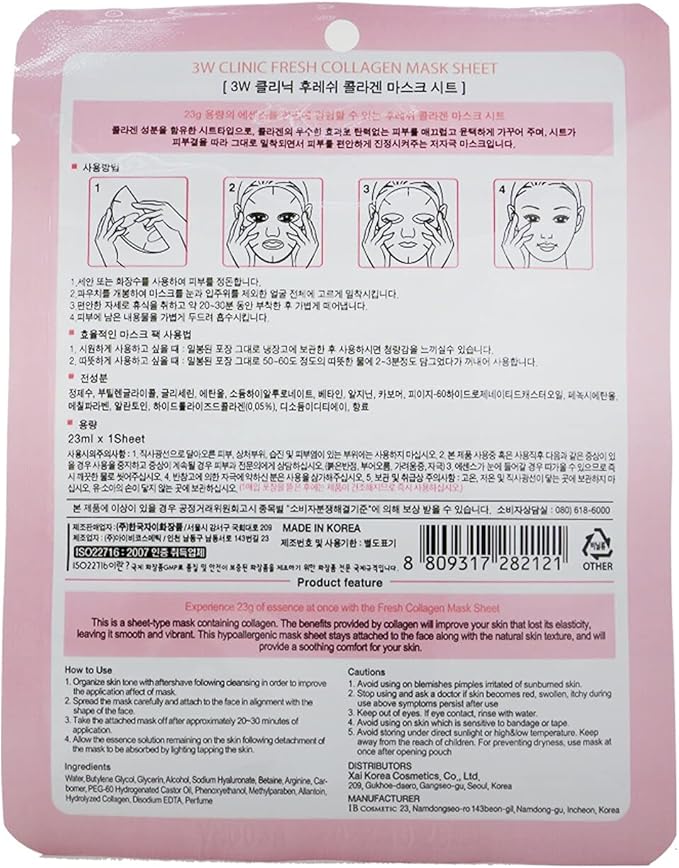 3W Clinic Fresh Collagen Mask Sheet back view — usage instructions, full ingredient list, and product details in English and Korean.
