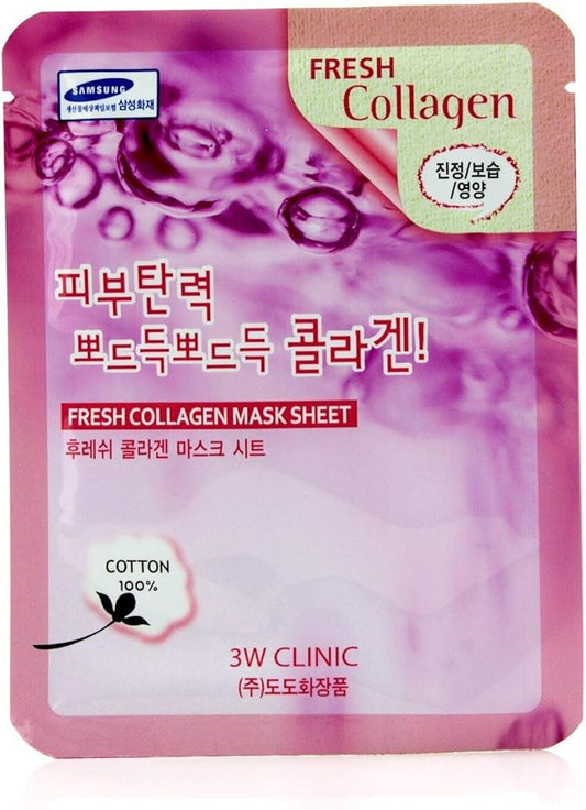 3W Clinic Fresh Collagen Mask Sheet — front packaging with collagen care benefits for hydration, elasticity, and soothing skin.