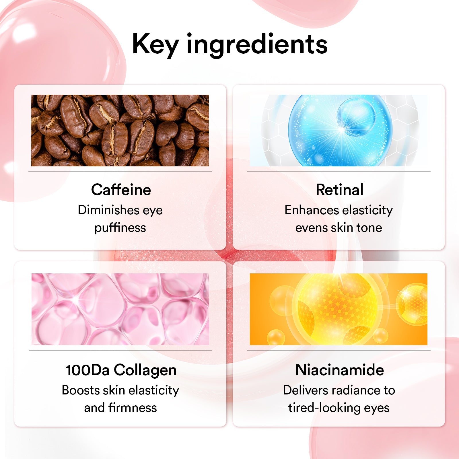 Abib PDRN Retinal Eye Patch key ingredients including caffeine, retinal, 100Da collagen and niacinamide for tired-looking eyes.