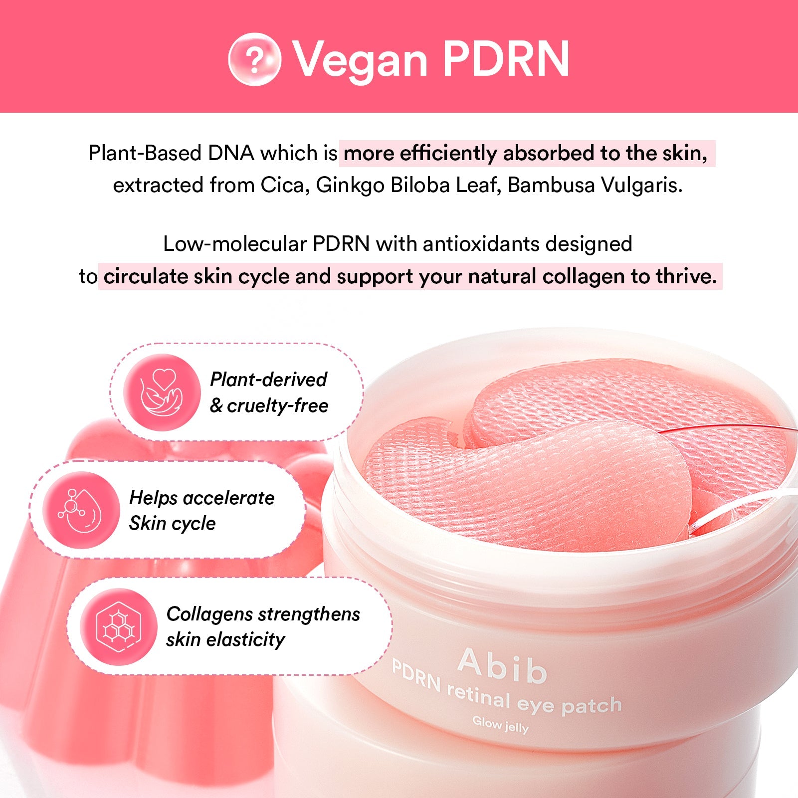 Abib PDRN Retinal Eye Patch Vegan PDRN information with plant-based DNA from cica, ginkgo biloba leaf and bambusa vulgaris.