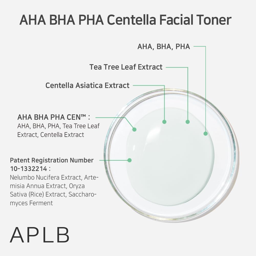APLB AHA BHA PHA Centella toner formula showing tea tree, rice, and patented extracts – K-beau