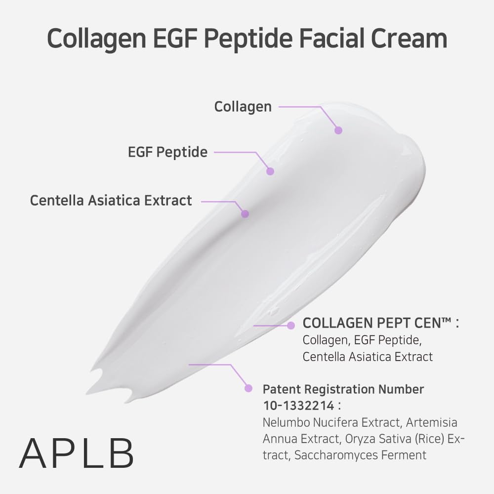 APLB Collagen EGF Peptide Cream – creamy texture with key ingredients Collagen, EGF Peptide, Centella Asiatica for hydration.
