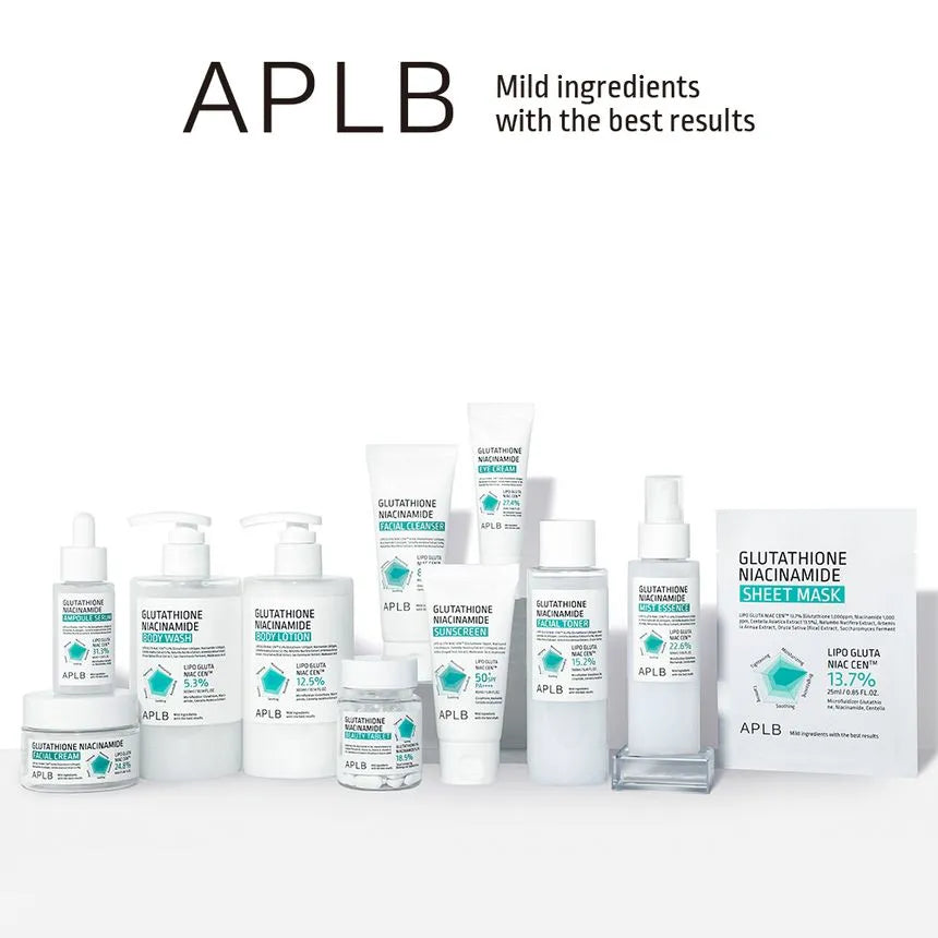 APLB Glutathione Niacinamide collection—group product lineup from cleansers to sheet mask; Korean skincare range.