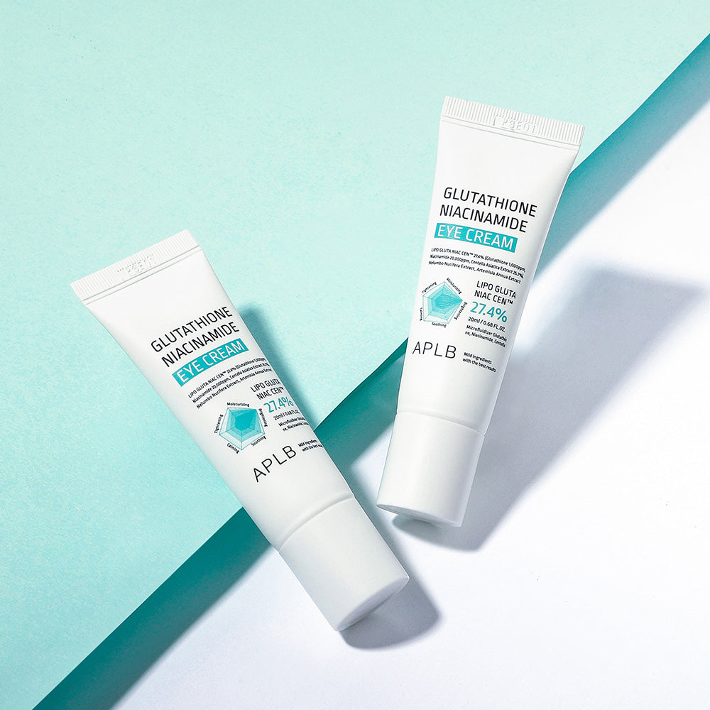 APLB Glutathione Niacinamide Eye Cream placed in rippling water, a hydrating Korean skincare eye cream that helps refresh the eye area and improve the look of dull, tired skin.
