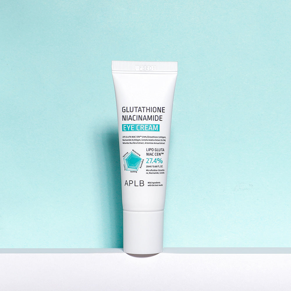 APLB Glutathione Niacinamide Eye Cream hero product shot on a pastel blue background, Korean eye cream with glutathione and niacinamide for brightening, hydration and fresh-looking under-eyes.