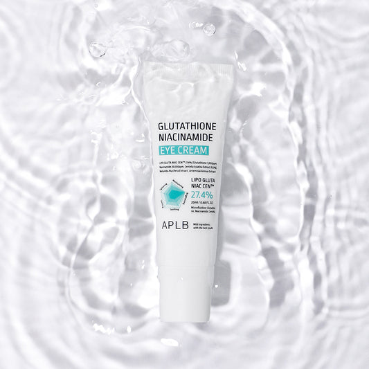 Two tubes of APLB Glutathione Niacinamide Eye Cream on a soft aqua background, lightweight K-beauty eye care designed to help brighten dull under-eyes and support smoother-looking skin.