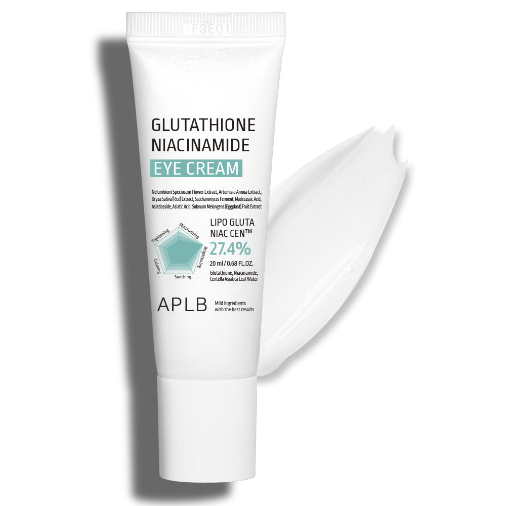 Close-up of APLB Glutathione Niacinamide Eye Cream with a soft cream smear, a brightening Korean eye cream texture shot ideal for dark circles, fine lines and dry under-eye care.