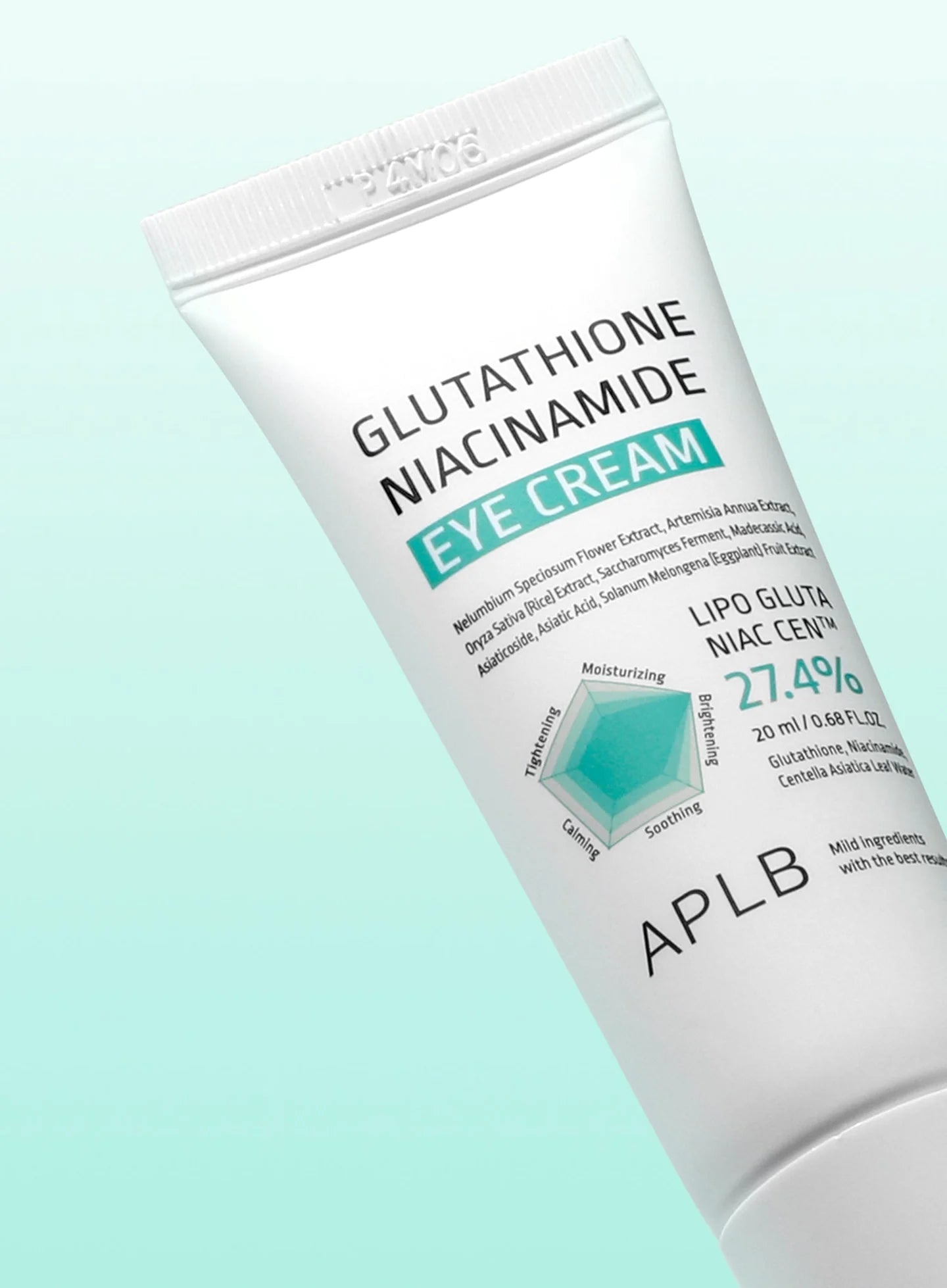Close-up of APLB Glutathione Niacinamide Eye Cream packaging, Korean brightening eye cream with glutathione, niacinamide and centella for the eye area.