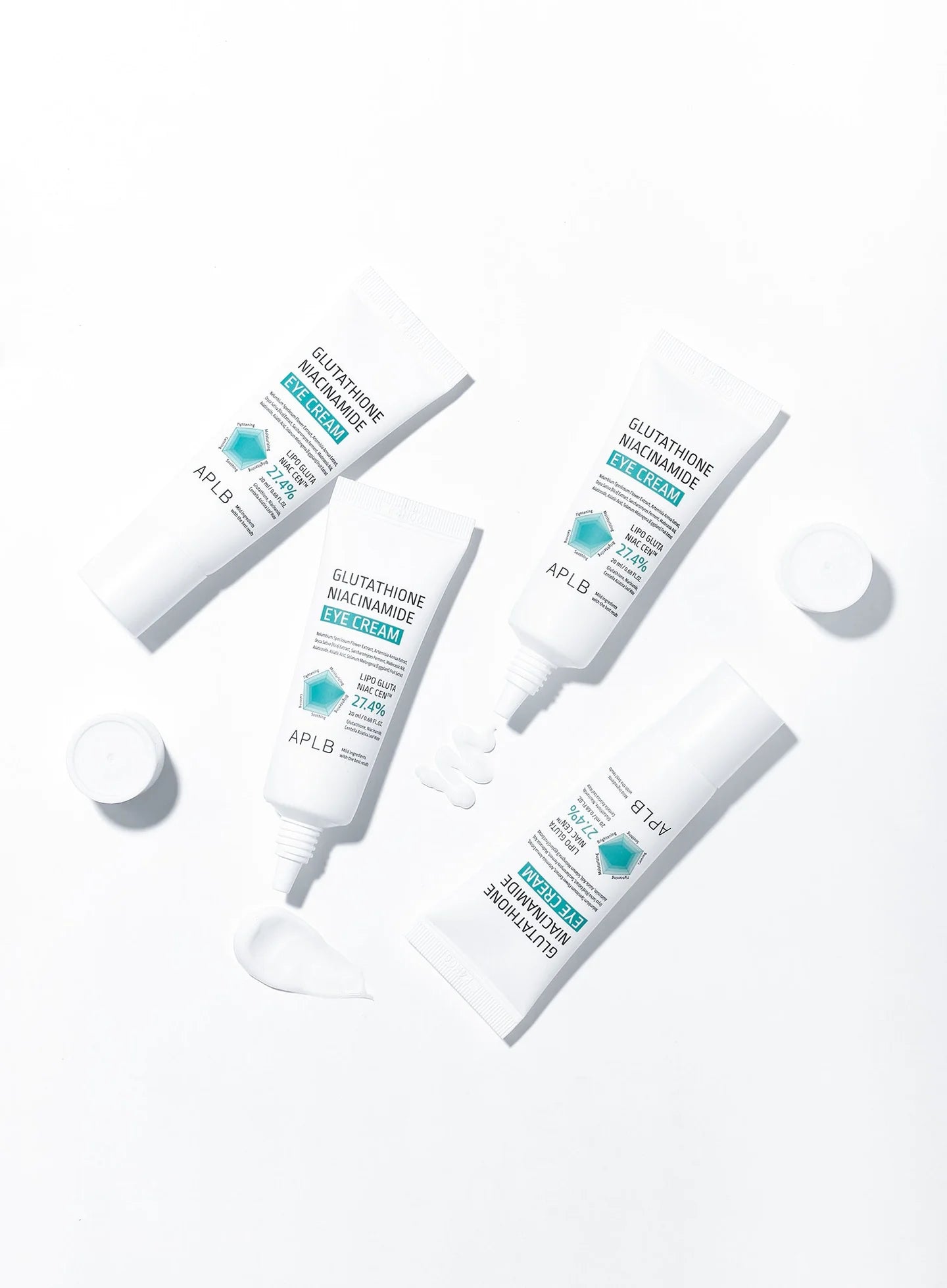 APLB Glutathione Niacinamide Eye Cream flatlay with multiple tubes, Korean eye cream for brightening, hydration and tired under eyes at K-BEAU Australia.
