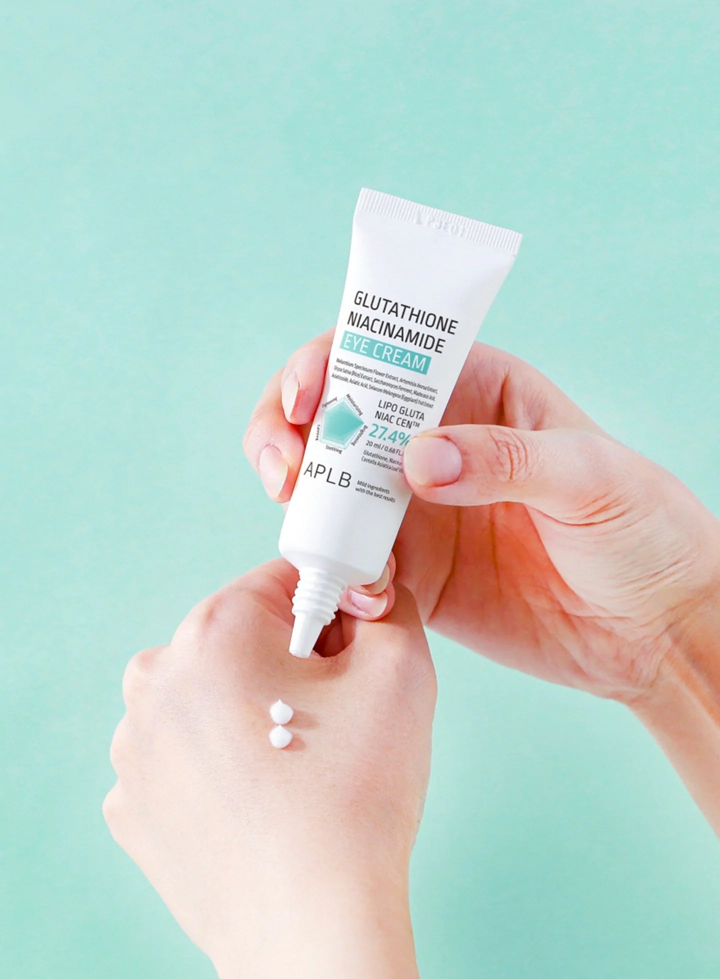 APLB Glutathione Niacinamide Eye Cream shown in hand with cream texture, Korean skincare for dull under eyes, moisture and glow at K-BEAU Australia.