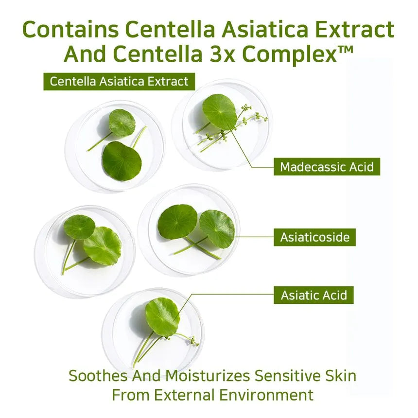 Centella asiatica extract with 3x complex (madecassic acid, asiaticoside, asiatic acid)—soothing K‑Beauty mask for sensitive skin.