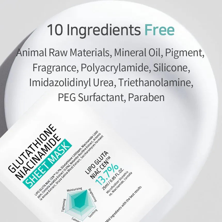 10‑free formula—no animal materials, mineral oil, fragrance, silicone or parabens; clean Korean sheet mask.