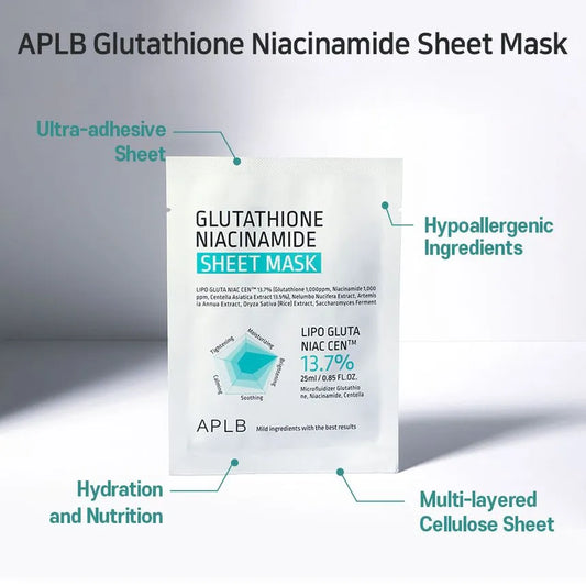 How to use the APLB Glutathione Niacinamide Sheet Mask—apply on clean skin for 10–20 minutes, then pat in remaining essence; hydrating K‑Beauty sheet mask instructions.