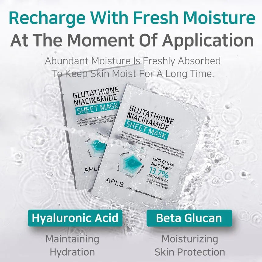 Product sachets in water—hyaluronic acid and beta‑glucan highlighted for long‑lasting hydration; hydrating K‑Beauty face mask.