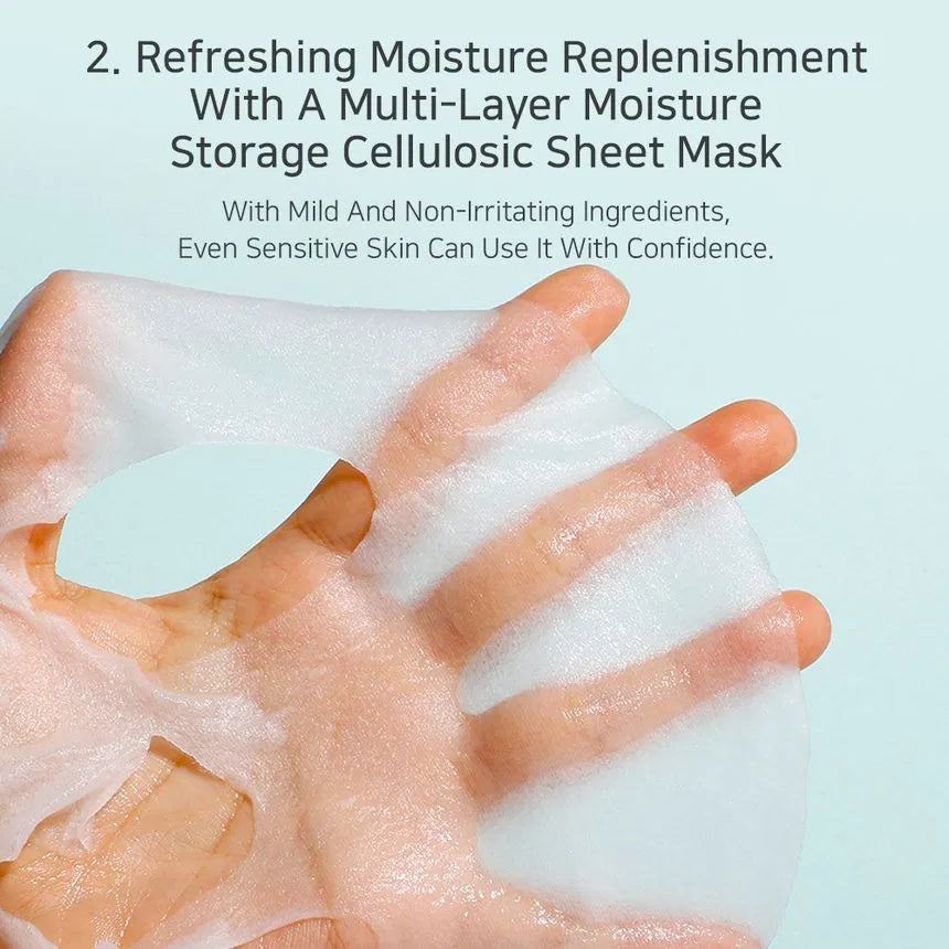 Close view of the thin cellulose mask illustrating multi‑layer moisture storage—hydrating K‑Beauty sheet mask for sensitive skin.