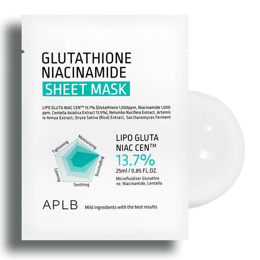 Front sachet of APLB Glutathione Niacinamide Sheet Mask (LIPO GLUTA NIAC CEN 13.7%, 25 ml), available online in Australia.