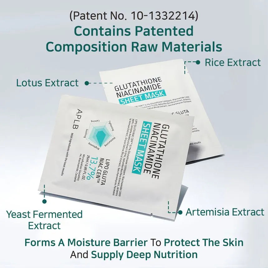 Patented blend of lotus, rice, yeast ferment and artemisia extracts featured in this Korean brightening sheet mask.