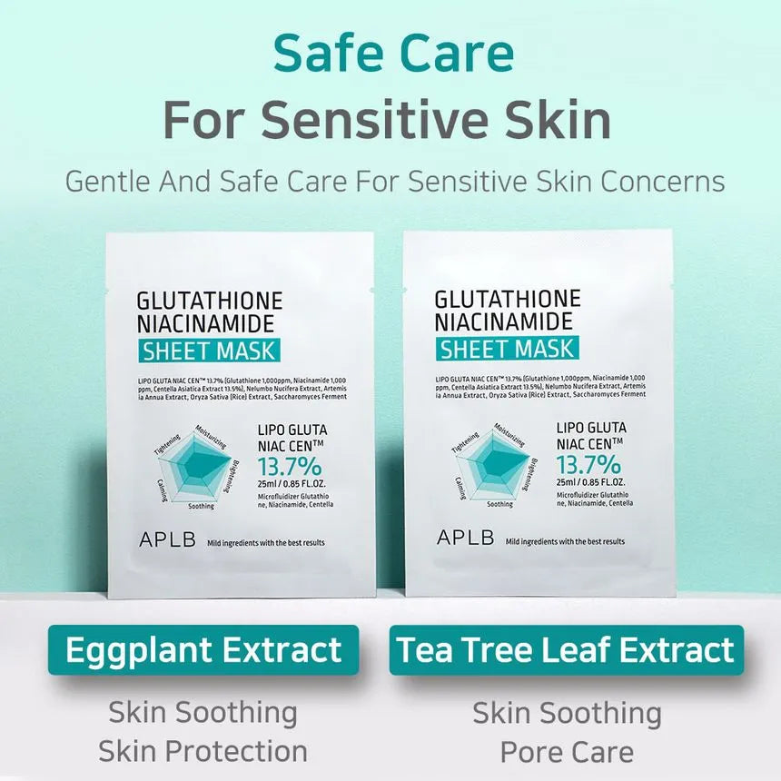 Two sachets—gentle care for sensitive or blemish‑prone skin with eggplant and tea tree leaf extracts; K‑Beauty sheet mask.