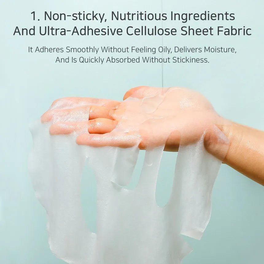 APLB Glutathione Niacinamide Sheet Mask—hand holding ultra‑adhesive cellulose sheet; non‑sticky, lightweight K‑Beauty face mask.