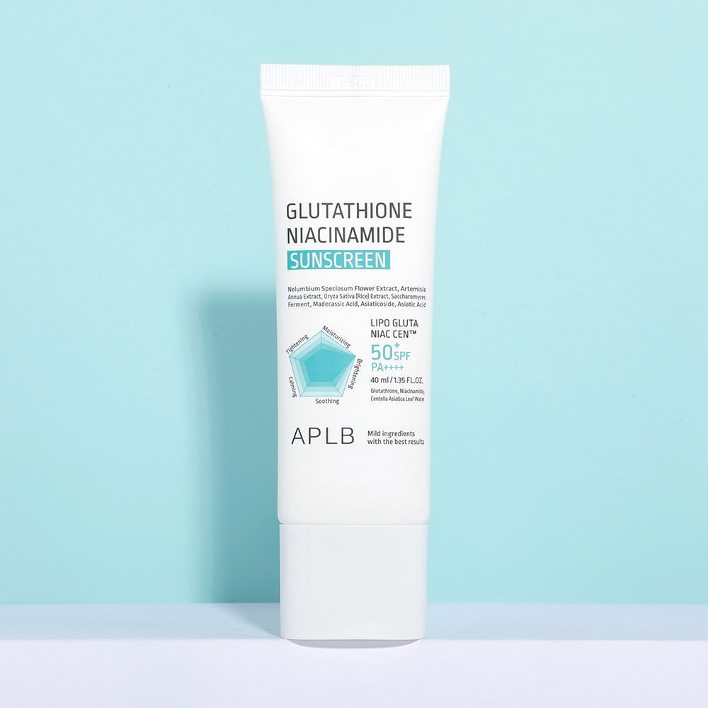 Front view of APLB Glutathione Niacinamide Sunscreen SPF50+ PA++++ 40ml, hydrating Korean sunscreen suitable for all skin types.