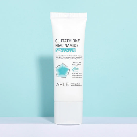 Front view of APLB Glutathione Niacinamide Sunscreen SPF50+ PA++++ 40ml, hydrating Korean sunscreen suitable for all skin types.