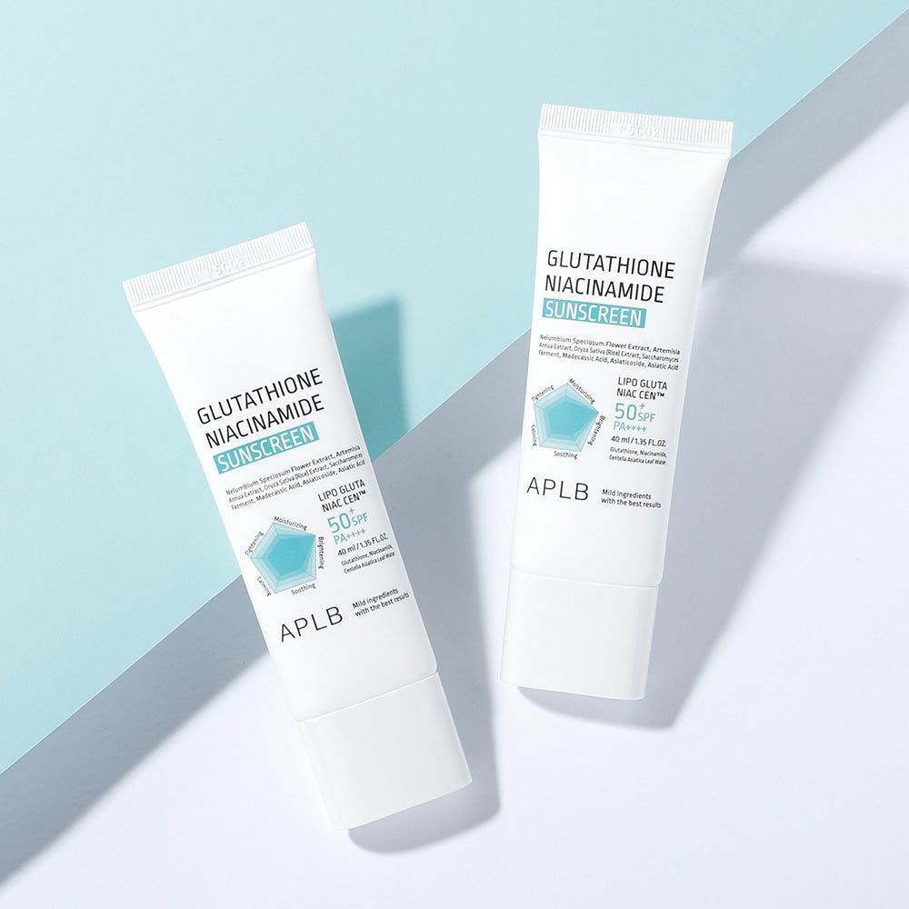 Two tubes of APLB Glutathione Niacinamide Sunscreen SPF50+ PA++++ showcasing lightweight Korean facial sunscreen for daily UV protection.