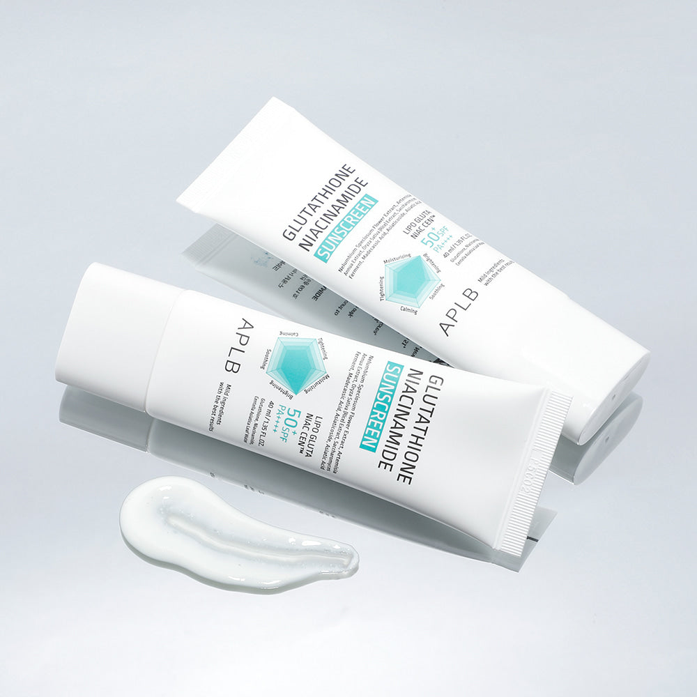 APLB Glutathione Niacinamide Sunscreen SPF50+ PA++++ 40ml with lightweight moisturizing texture and Korean skincare sunscreen formula.