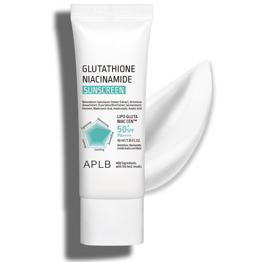 APLB Glutathione Niacinamide Sunscreen SPF50+ PA++++ 40ml featuring a lightweight brightening Korean sunscreen with Glutathione, Niacinamide and Centella.
