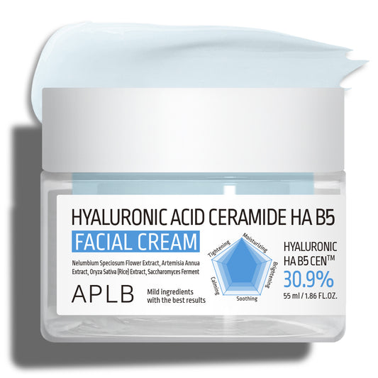 APLB Hyaluronic Acid Ceramide HA B5 Facial Cream 55 ml with blue cream swatch