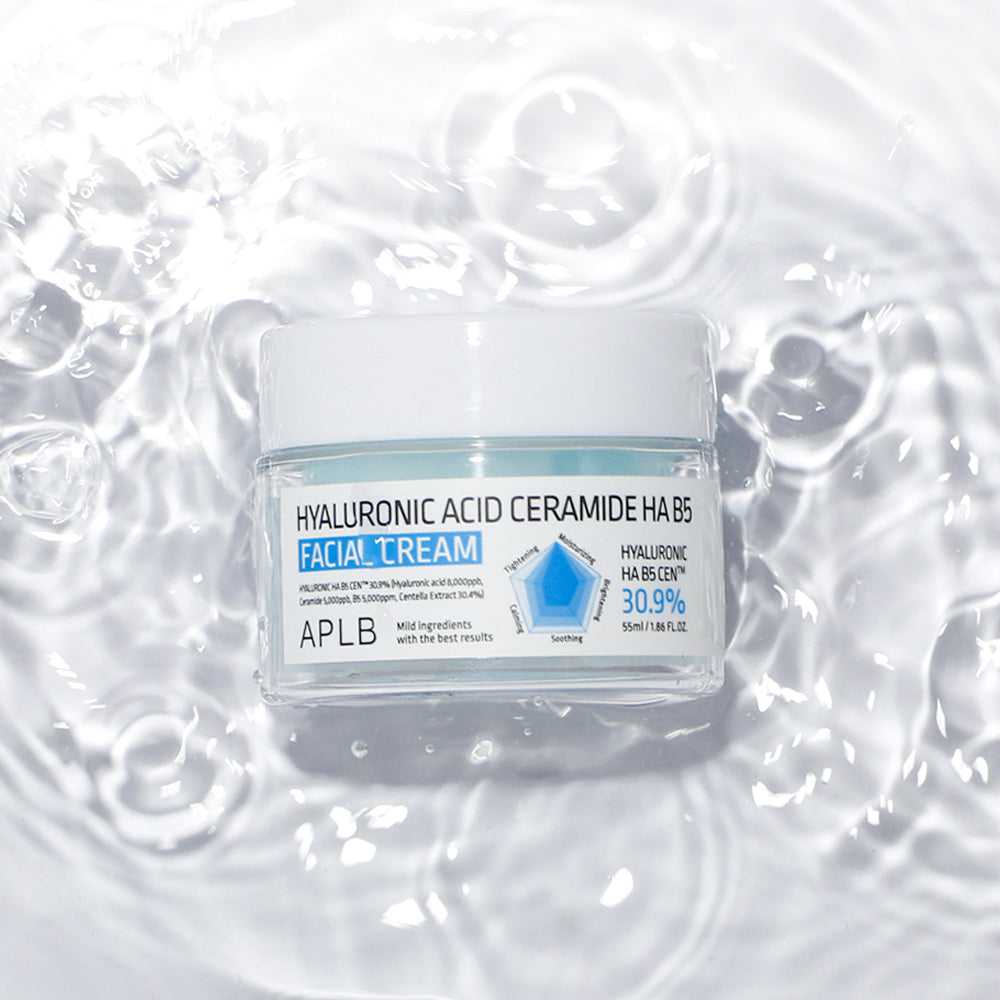 APLB Hyaluronic Acid Ceramide HA B5 Facial Cream displayed on a reflective water surface