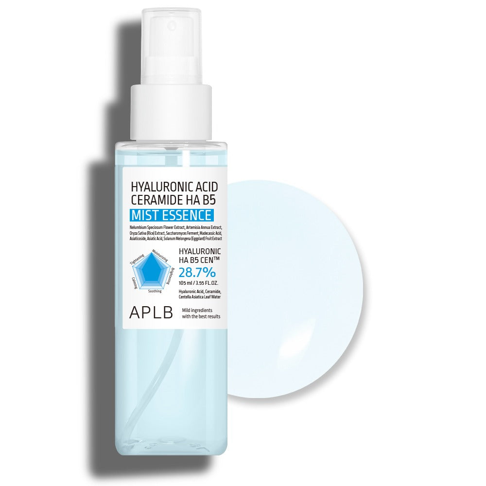 APLB Hyaluronic Acid Ceramide HA B5 Mist Essence bottle on a white background with a pale blue circle