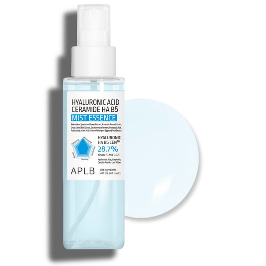 APLB Hyaluronic Acid Ceramide HA B5 Mist Essence bottle on a white background with a pale blue circle