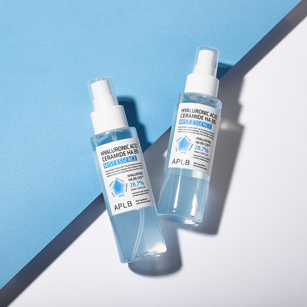 Two APLB Hyaluronic Acid Ceramide HA B5 Mist Essence bottles on a blue and white background