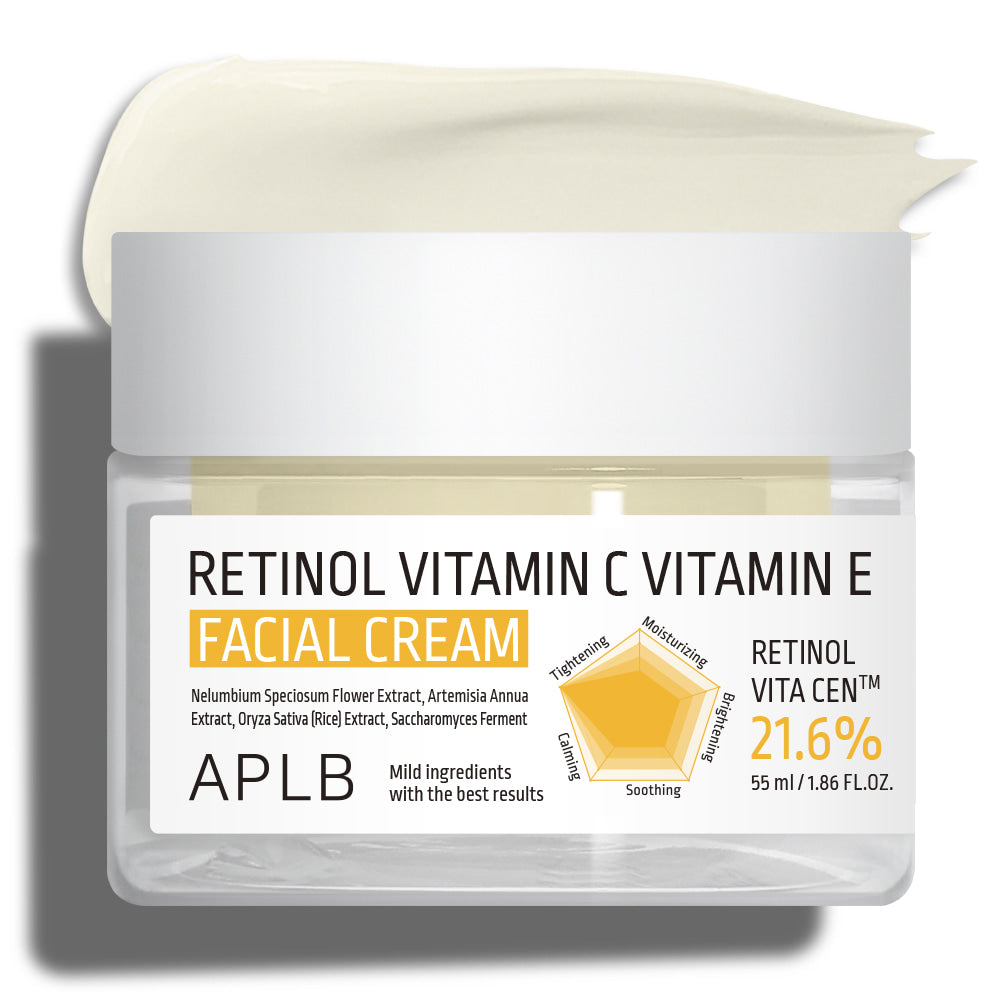 Close-up of APLB Retinol Vitamin C Vitamin E Facial Cream 55ml showing its rich creamy texture with Retinol Vita Cent™ Complex for anti-ageing, brightening and hydration.