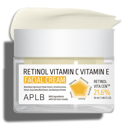 Close-up of APLB Retinol Vitamin C Vitamin E Facial Cream 55ml showing its rich creamy texture with Retinol Vita Cent™ Complex for anti-ageing, brightening and hydration.