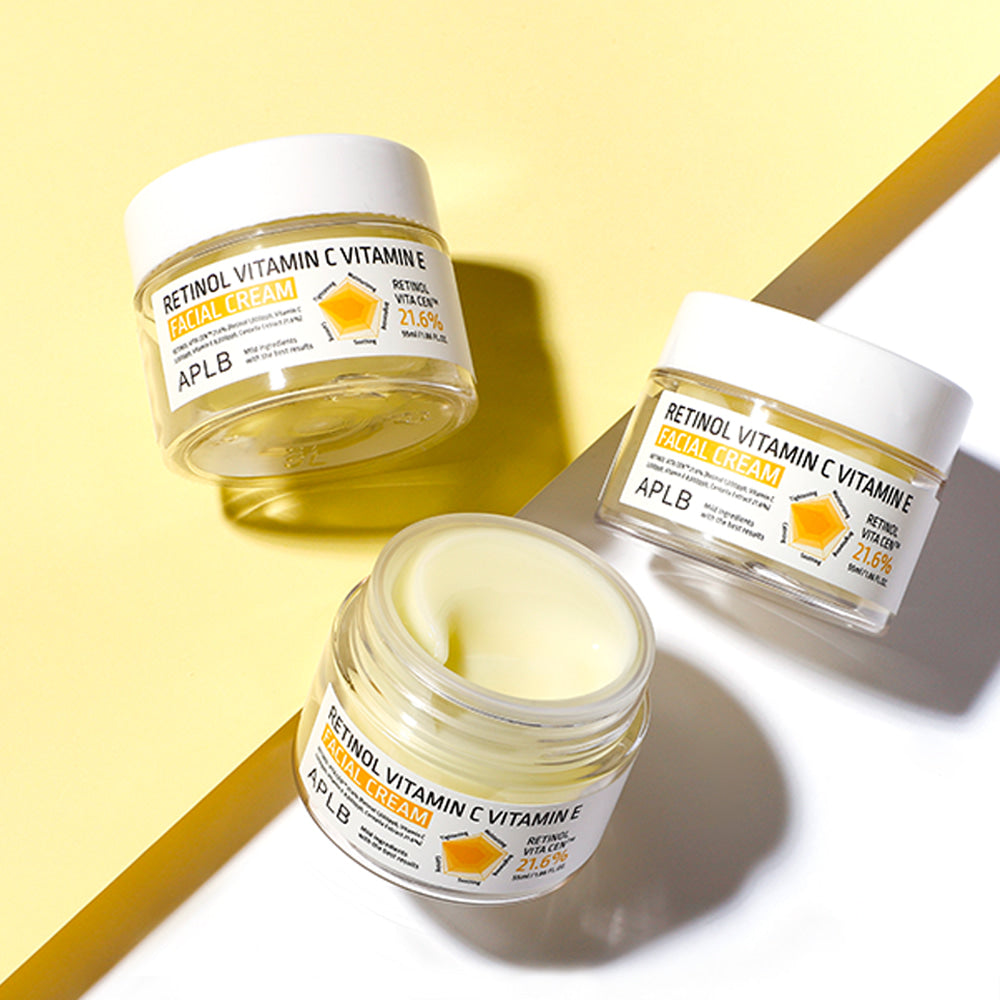 APLB Retinol Vitamin C Vitamin E Facial Cream displayed with multiple jars highlighting Korean anti-ageing moisturiser enriched with retinol, Vitamin C and Vitamin E.